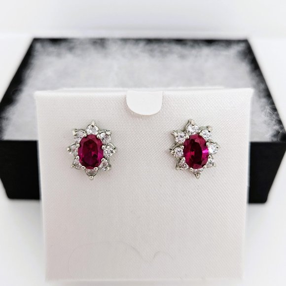 Simulated Ruby Red/White Oval Stud Earrings - Picture 2 of 12